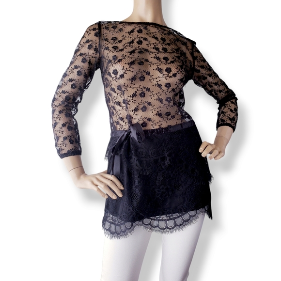 Black Sheer Lace Scalloped Hem Tunic Blouse by Eveen Kueen - Picture 1 of 9